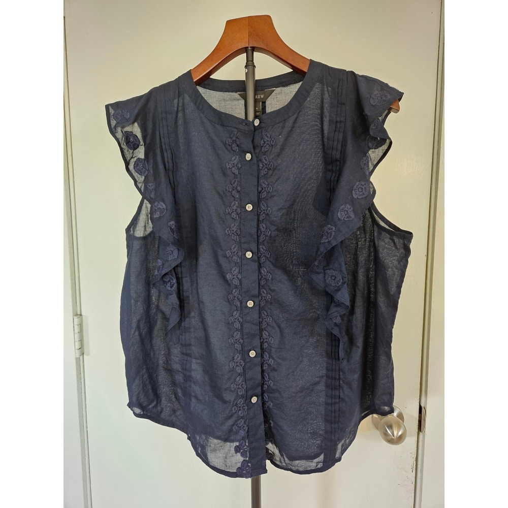 J.Crew Ruffle Sleeve Embroidered Top Womens 14 Navy Blue Cottagecore Romantic